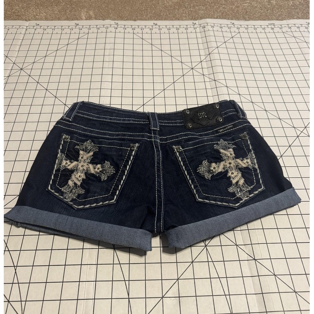 Miss Me Shorts Womens 29 Blue Denim Cuffed Hot Pants Rhinestone JP5445T2 - Picture 1 of 8